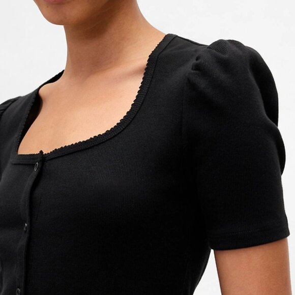 GAP Black Ribbed Scoop Neck Puff Sleeve Top/NWT/XL - Picture 4 of 13